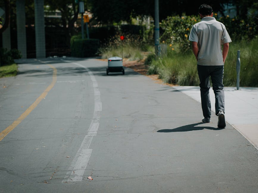 A man dressed in a light grey short-sleeved shirt and dark trousers is walking along a paved sidewalk on a sunny day. He is seen from behind, with his hands in his pockets, casting a shadow on the gro
