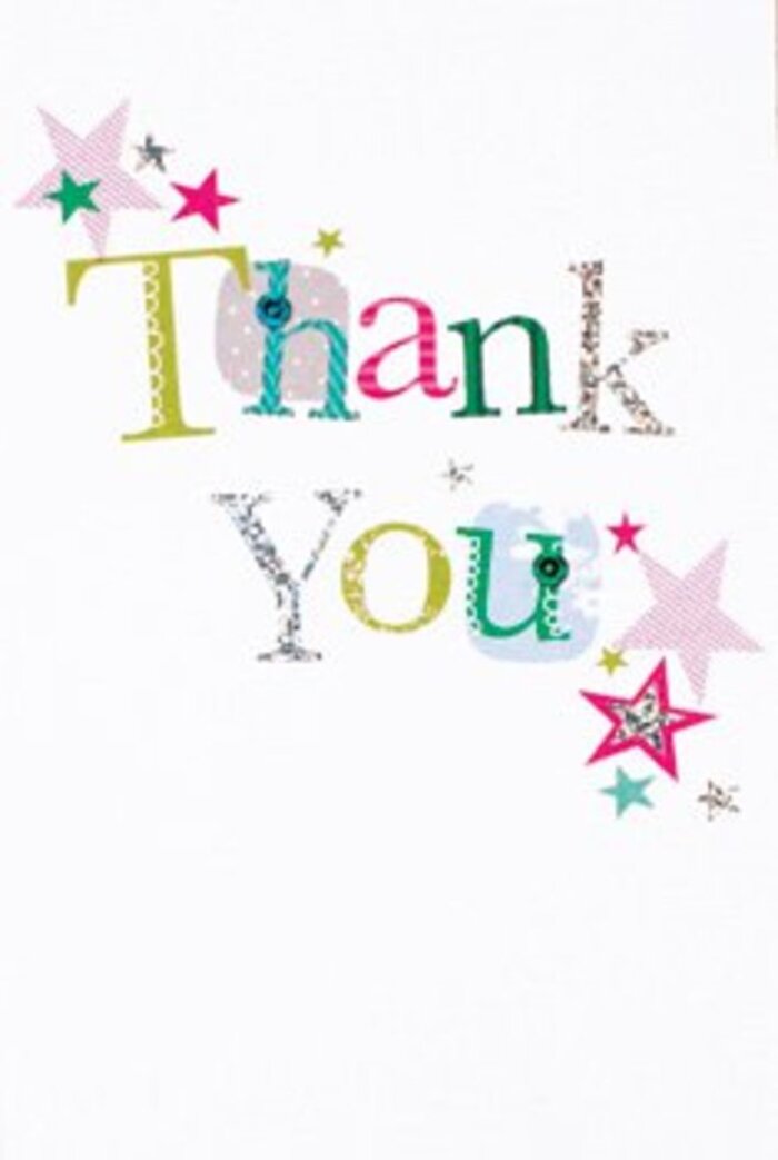 There is a refined exuberance to this thank you card that makes it sparkle, exuding quiet joy and elegance-just as the best floral gifts often do here in Northwood. Each letter of the 'Thank You' greeting is uniquely styled: some with polka dot whimsy, others with elegant, curling forms, together creating a harmonious patchwork of bright fuchsia, turquoise, and lime green. Flickers of silver and intricate stitching peek from certain shapes, adding depth and a sense of handmade artistry that might remind locals of crafts found at Northwood's weekend markets. Star motifs, bold in shimmering pinks and tranquil blues, cluster close to the main message, their cheerfulness floating with the lightness of laughter from a community event in Northwood's town centre. The card's immaculate white background grants each decorative element freedom to shine, the result being both modern and timeless. It's easy to see this card nestled alongside a hand-tied posy from a local florist-a universally appealing gesture that resonates with anyone who calls this area home. Through subtle artistry and sincere expression, it embodies the uplifting spirit behind every thoughtful thank you.